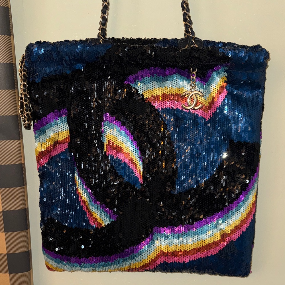 Chanel Sequins Rainbow Tote Bag with Black Accent Tote Large Purse 🌈